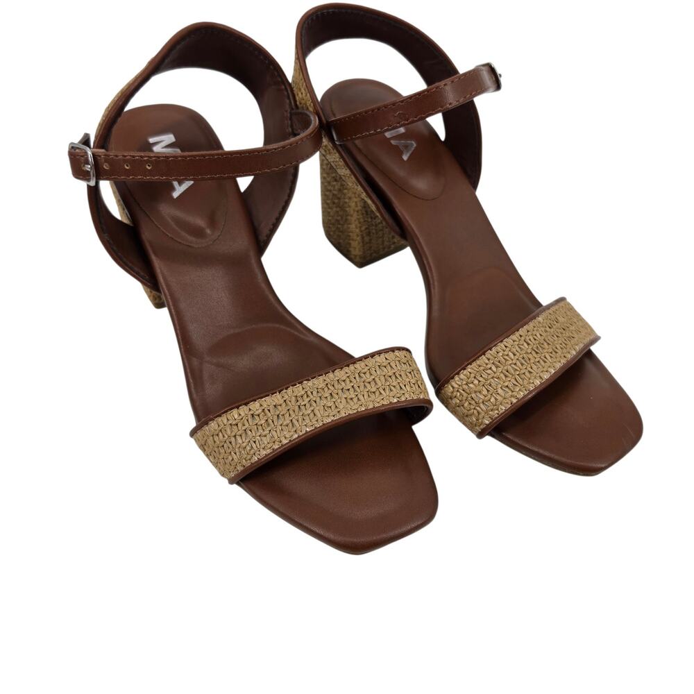 NWOT MIA Brown & Tan Haidee Woven Raffia Block Heel Ankle Strap Sandals Size 6
